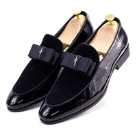 Handmade Mens Loafer Shoes Genuine Patent Leather Suede Patchwork with Bow Tie Wedding Footwear Banquet Dress Shoes for Men