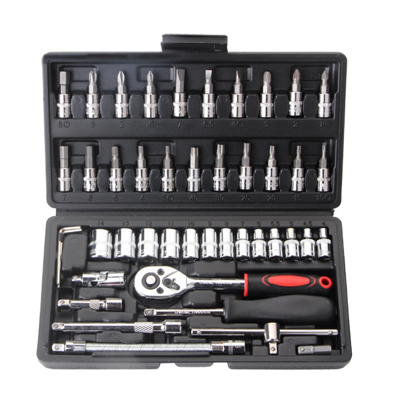 46pcs Socket Ratchet Car Repair Tool Wrench Set Head Ratchet Pawl Socket Spanner Screwdriver Professional Metalworking Tool Kit