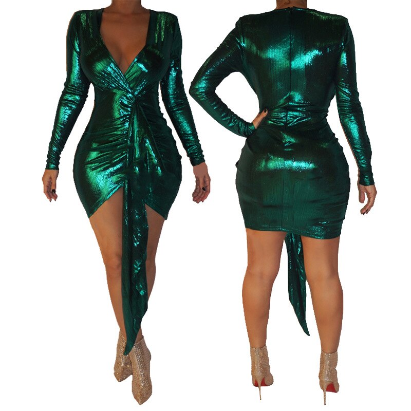 Summer Sexy Bodycon Dress for Women V-neck Glitter Metallic Long Sleeve Solid Color Skinny Nightclub Party Clothes Ladies Dress