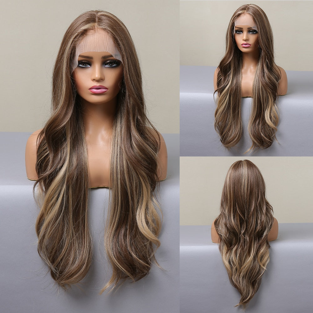 LOUIS FERRE Long Brown Lace Frontal Synthetic Wigs Dark Brown Body Wavy Highlight Wig Natural Hairline Daily Heat Resistant Hair