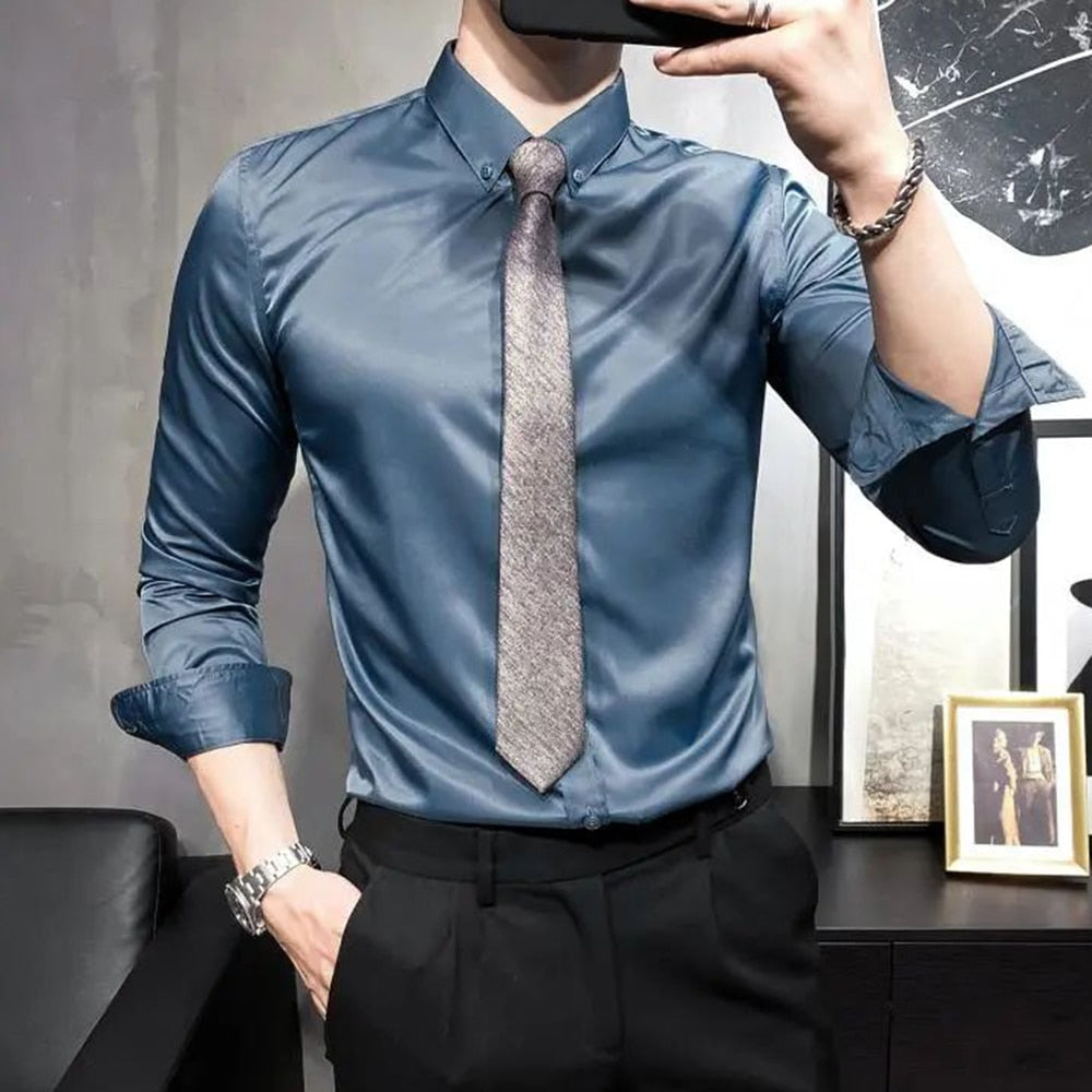 Italian Gentleman Non-ironing Slim Bright Color Men's Shirt Trendy Silky Satin British Style Formal Shirt Business Elegance