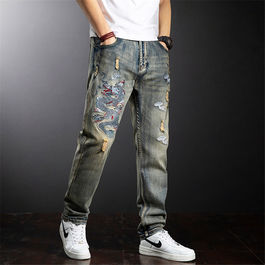 Dragon Embroidered Jeans Men Streetwear Denim Pants Fashion Ripped Jeans Pants Plus Size 38 40 Trousers Male Bottoms