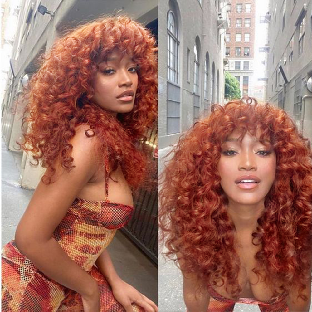 Short Curly Wigs with Bangs Copper Red Loose Wave Synthetic Wigs for Women Natural Hair Cosplay Party Heat Resistant Fiber