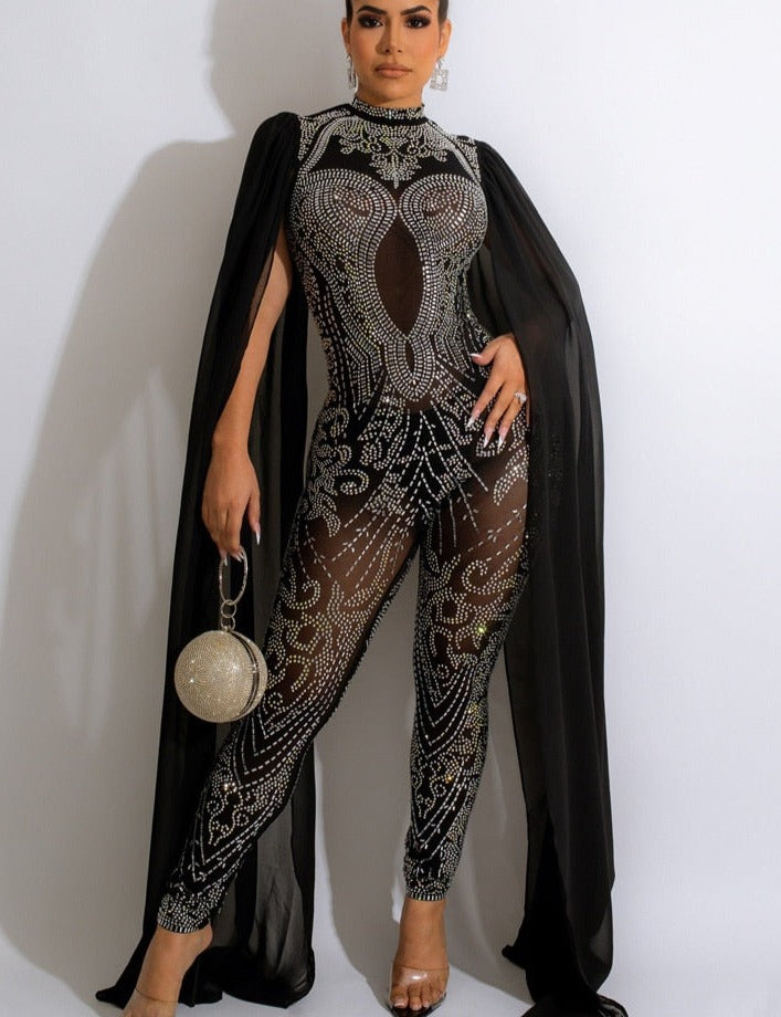 Sexy Beautiful Cape Sleeve Mesh Crystal Jumpsuits Women Rompers Luxury See-Through Outfits