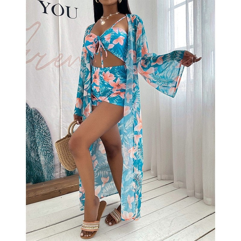 2023 Sexy New 3 Pcs Long Sleeve Bikini Cover Up Swimwear Women Beach Wear High Waist Shorts