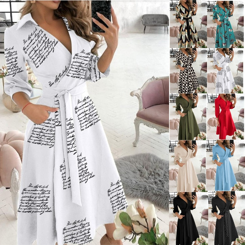 Spring/Summer Fashion Long sleeved V-neck Printed Hip Wrap Dress for Women