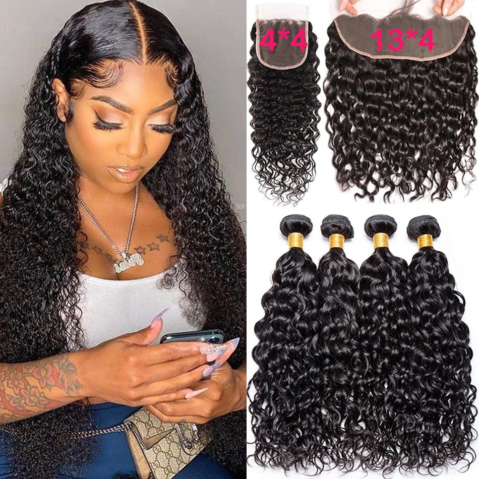 12A Water Wave Bundles With Frontal Wet and Wavy Virgin Curly Loose Deep 100% Human Hair