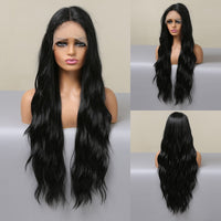 LOUIS FERRE Long Brown Lace Frontal Synthetic Wigs Dark Brown Body Wavy Highlight Wig Natural Hairline Daily Heat Resistant Hair