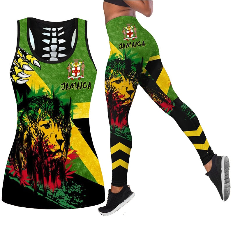 Women's Fashion Summer 3D Jamaica Combo Outfit Print Sleeveless Tank Top and Leggings