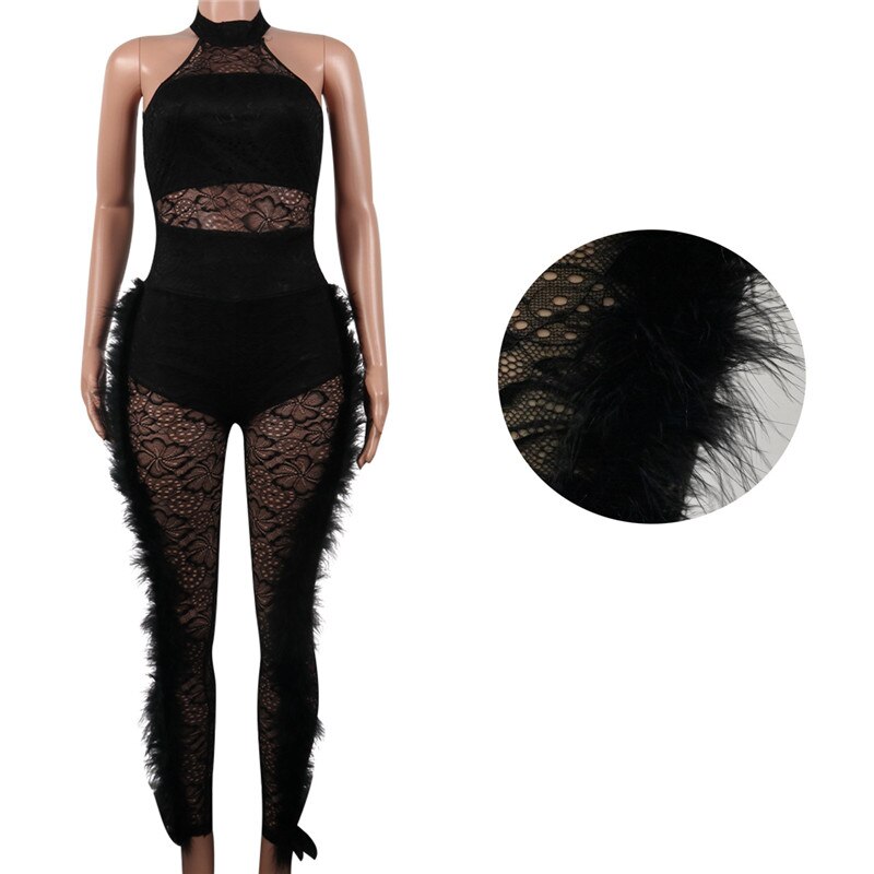 Women Sexy Sheer Lace Jumpsuit Black See Through Mesh Bodysuit