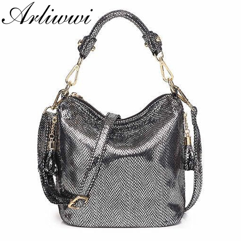 Luxury PU Handbags For Women New Summer Lady Shiny Coating Bucket Shoulder Bags Fashion Metalic Gold Silver Handbag