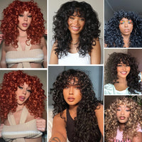 Black Curly Wig With Bangs Long Curly Afro Wigs for Women Synthetic Fiber Glueless Hair