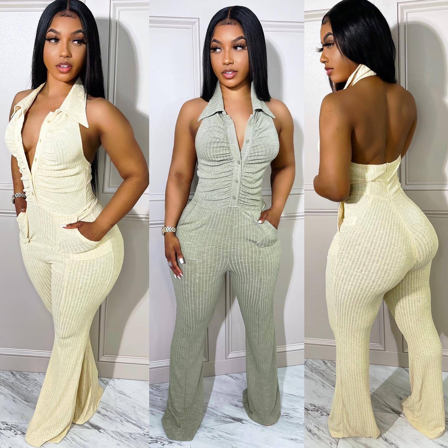 Casaul Women Jumpsuit Knit Ribbbed Backless Halter With Bottom Solid Color Streetwear Long Romper Women Jumpsuit Overalls