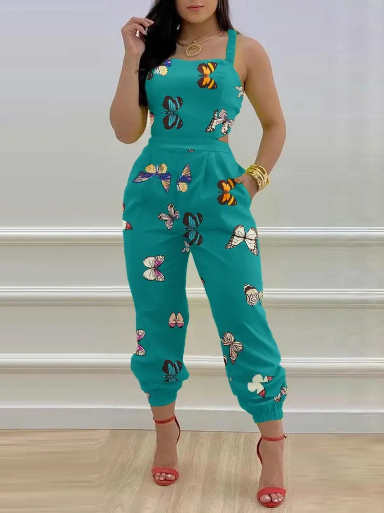 Elegant Jumpsuit Women Summer 2023 Fashion Butterfly Print Crisscross Lace Up Details Backless Long Jumpsuit Plus Size Rompers