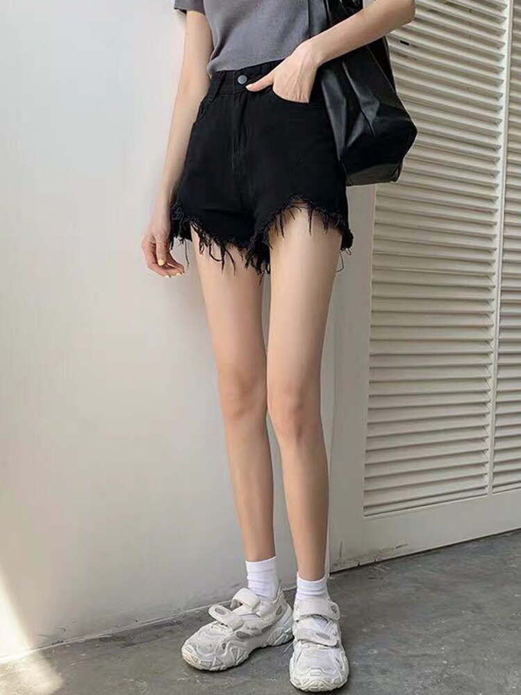 High Waist Denim Shorts Women Summer Pocket Tassel Hole Ripped Jeans Short Female Femme Short Pants