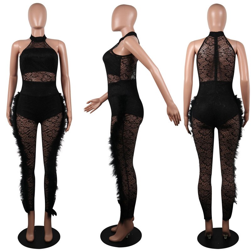 Women Sexy Sheer Lace Jumpsuit Black See Through Mesh Bodysuit