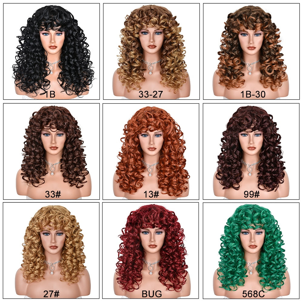 Black Curly Wig With Bangs Long Curly Afro Wigs for Women Synthetic Fiber Glueless Hair