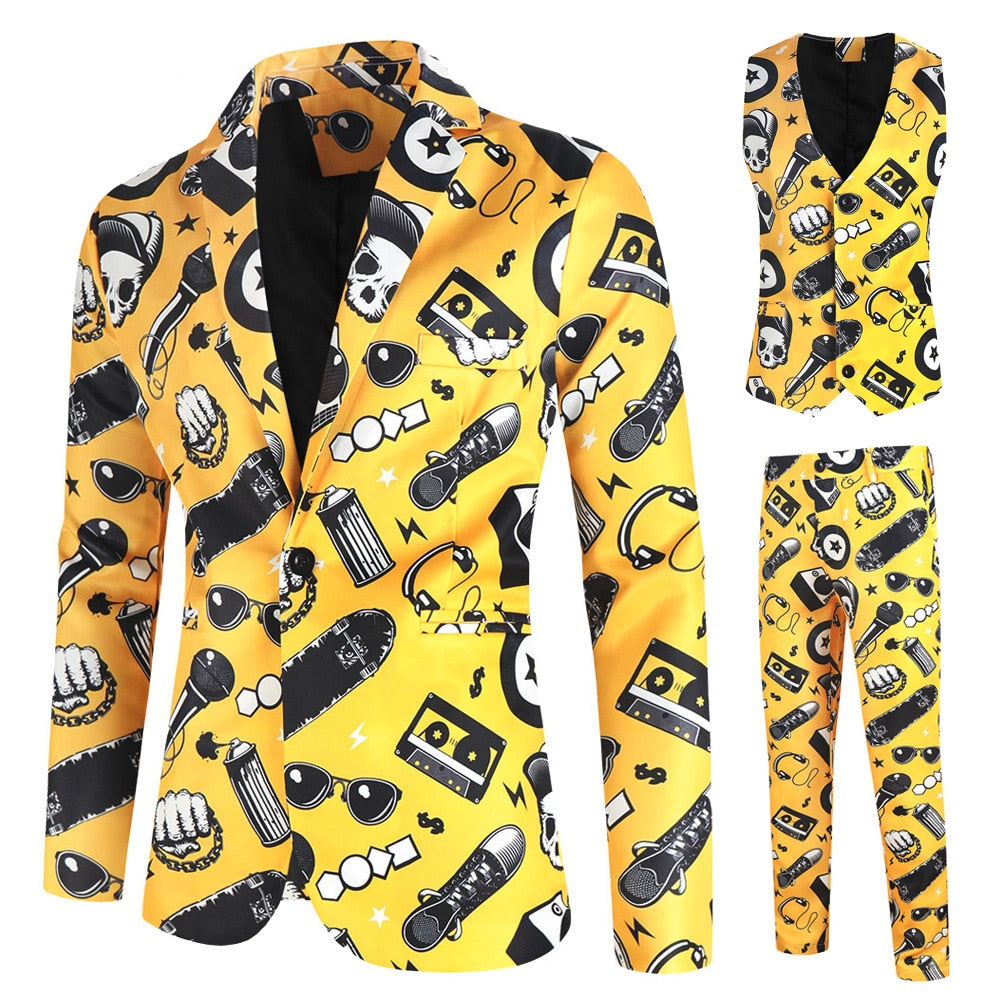 Fashion Hip Hop Printed Yellow Blazer Sets Men (Jackets + Pants + Vest ) Autumn Spring Club Prom 3 Pieces Suits Terno Masculino