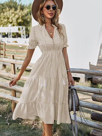 Women Elegant Striped Lantern Sleeve Summer Dress Causal V-neck Button Ruffles Midi Dress 2023 Women Beach Holiday Party Dress