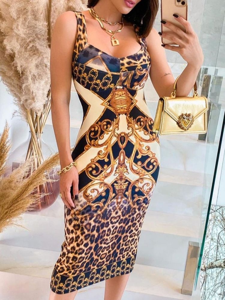 S-XL Summer Woman Sexy Fashion Sleeveless Cheetah Scarf Print Colorblock Midi Dress Yellow Leopard Tank Tight Party Dress Club