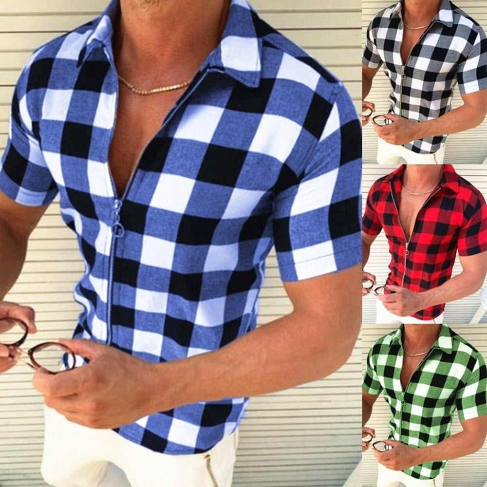 Men's Short Sleeve Lapel Plaid Zip Shirt Top Slim Fit Fashion Zip Cardigan