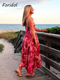 Spaghetti Strap Backless Rayon Women Red Dress Cotton Sleeveless Floral Maxi Dress Hollow Out A-line Long Boho Beach Dress 2023