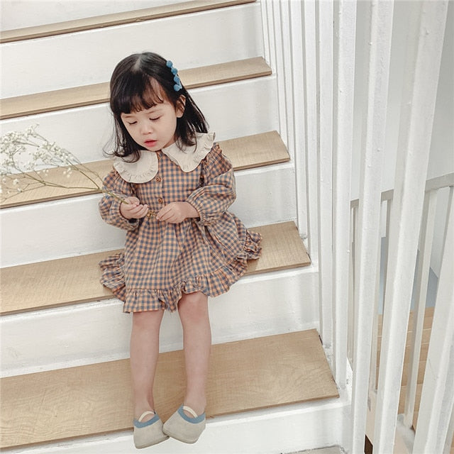 Baby Girls Dress Casual Plaid Clothes Summer 2022 New Korean Cotton Linen Girls Princess Dress