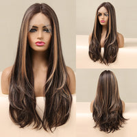 LOUIS FERRE Long Brown Lace Frontal Synthetic Wigs Dark Brown Body Wavy Highlight Wig Natural Hairline Daily Heat Resistant Hair