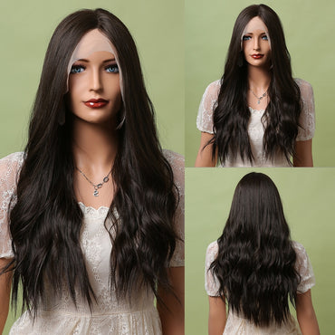 LOUIS FERRE Long Brown Lace Frontal Synthetic Wigs Dark Brown Body Wavy Highlight Wig Natural Hairline Daily Heat Resistant Hair