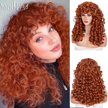 Black Curly Wig With Bangs Long Curly Afro Wigs for Women Synthetic Fiber Glueless Hair