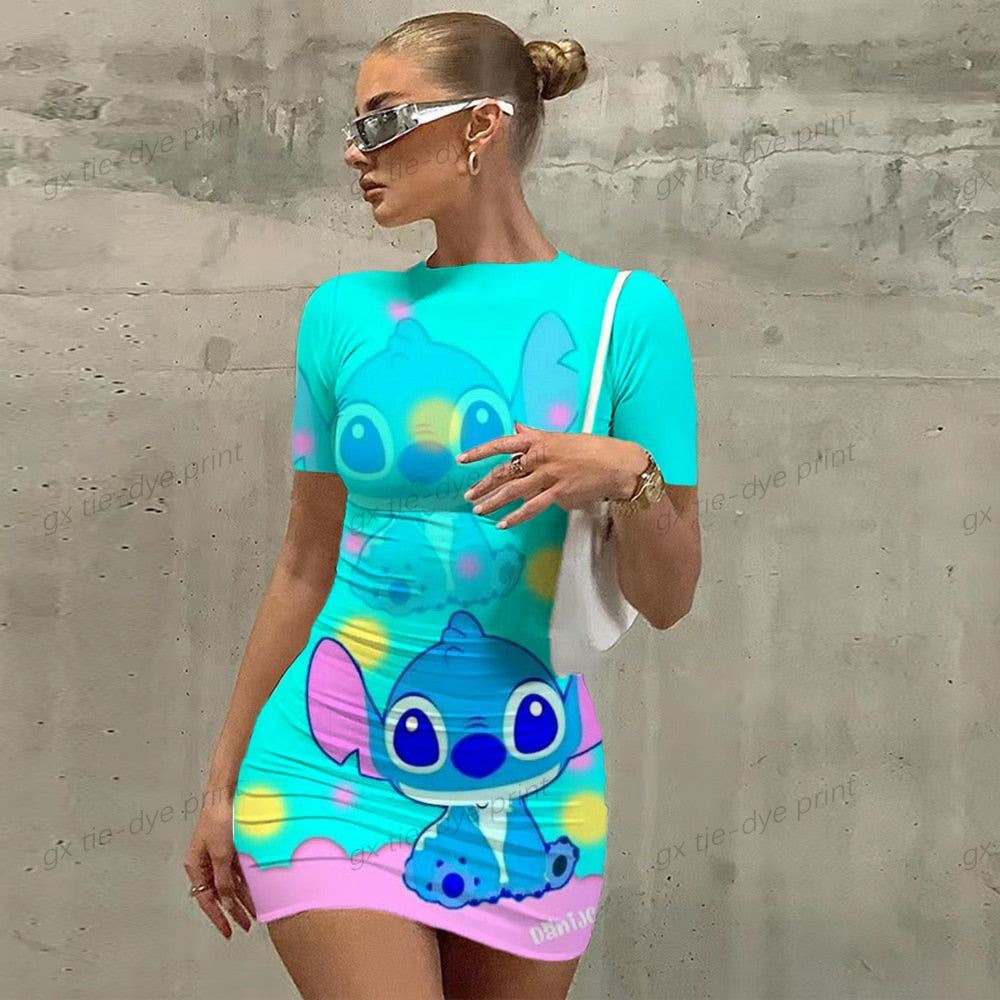 Disney Stitch Design Seaside Spice Girls Short Skirt Women's Tight Pack Hip Sexy Mini Slim tight Beach Dress Ladies Summer New