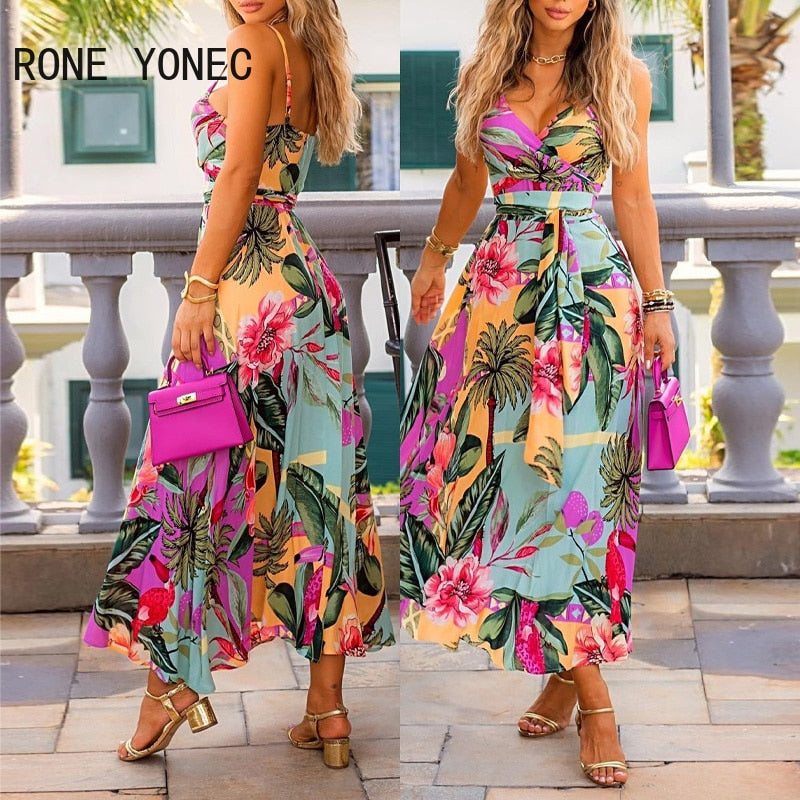 Women Elegant Sexy Spaghetti Straps Floral Print Deep V Neck Maxi Sexy Casual Party Dresses