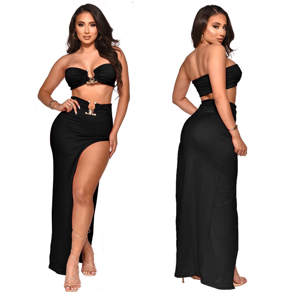 Sexy Women Skirt Suit Summer Two Piece Set Solid Strapless Sleeveless Tank Top High Slit Maxi Skirt