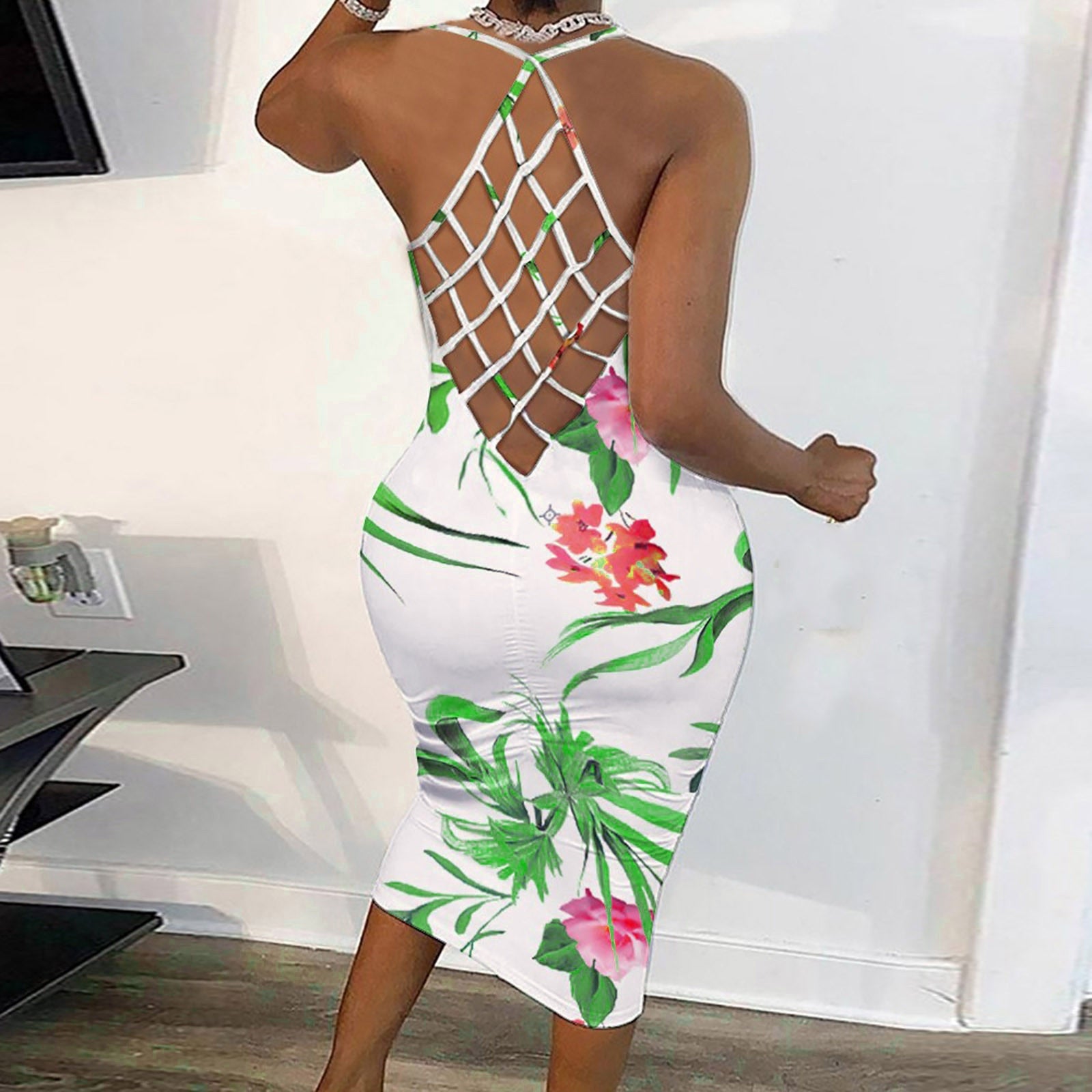 Sexy 2022 Loose Summer Boho Sexy Dresses Backless Women Suspenders Leaves Printed Dress