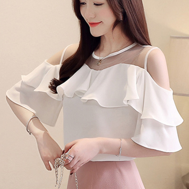 2023 Sexy Fashion Short Sleeve White Blouse Summer Women Blouses Chiffon Shirt Off Shoulder