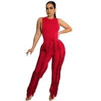 2 Pieces Women's Tracksuit Tank Top Tassel Side Straight Pants