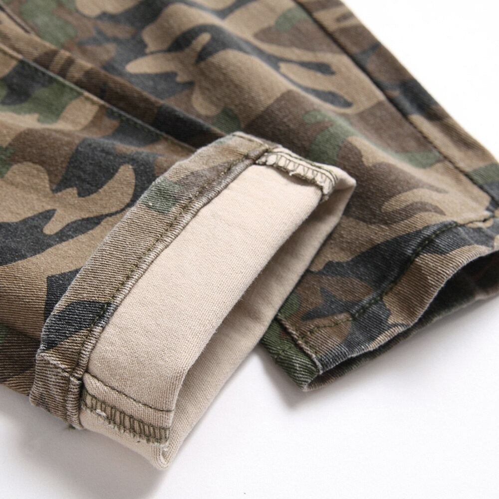 Men Camouflage Print Jeans Casual Patchwork Slim Straight Stretch Denim Pants Military Trousers