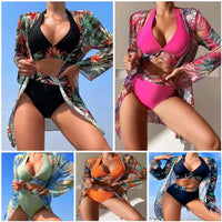 High Waist Multicolor Printed Long Sleeve Coverup Three Piece Bikini Split 2023 New Women Swimwear Female Bathing Suit Beachwear