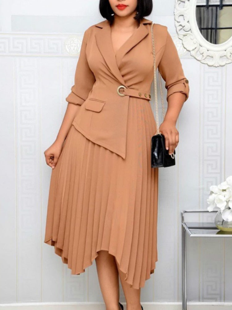 Women Elegant Dresses Blazer Pleated Irregular Length with Button Work Wear Office Ldies Modest Female Fashion Autumn New 2023