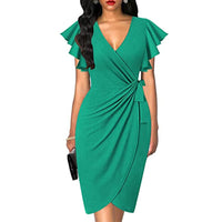 OTEN Women's Deep V-neck ruffle sleeve pleated irregular dress casual summer cocktail party work belt wrap hip dress