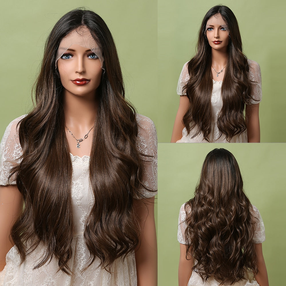 LOUIS FERRE Long Brown Lace Frontal Synthetic Wigs Dark Brown Body Wavy Highlight Wig Natural Hairline Daily Heat Resistant Hair