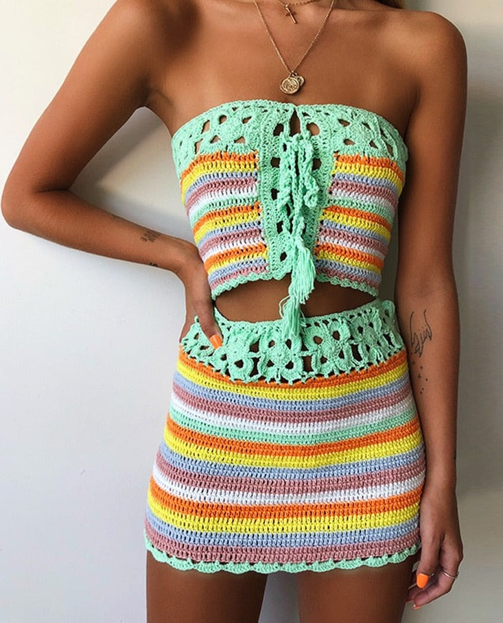 Sexy Colorful Striped Strapless Crochet Tube Crop Top and Skirt Summer Beachwear 2 Piece Set