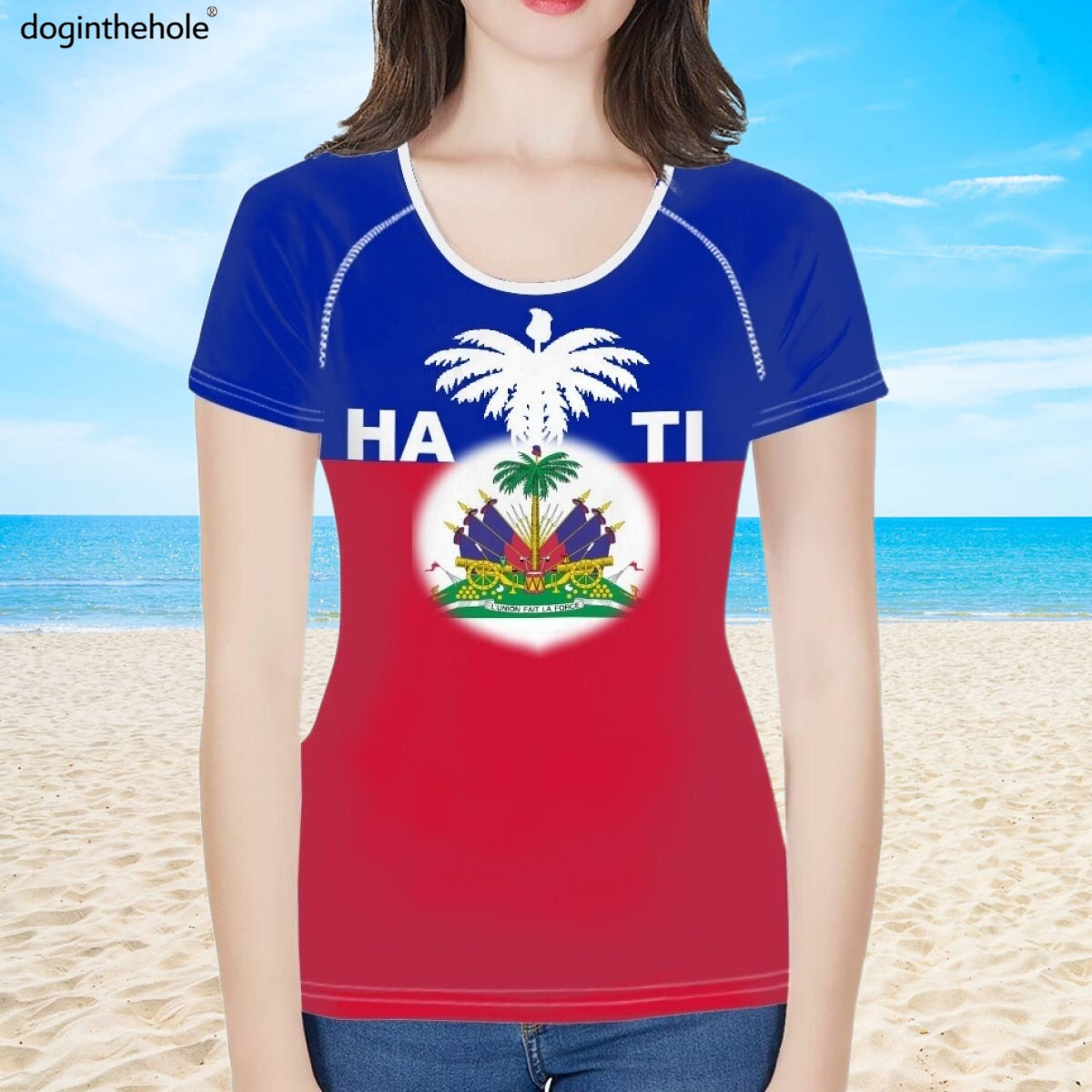 doginthehole Women Fashion Culture Tops Red and Blue Haiti Flag Print Running T-shirt Female Summer Casual Breathable Clothing