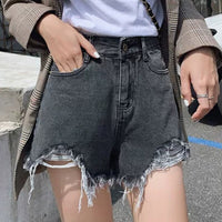 High Waist Denim Shorts Women Summer Pocket Tassel Hole Ripped Jeans Short Female Femme Short Pants