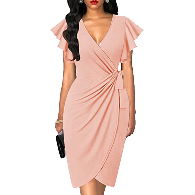 OTEN Women's Deep V-neck ruffle sleeve pleated irregular dress casual summer cocktail party work belt wrap hip dress