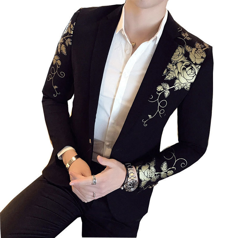 2022 New Luxury Gold Print Blazer Slim Fit Men Party Wedding Dress Black Suit Jacket