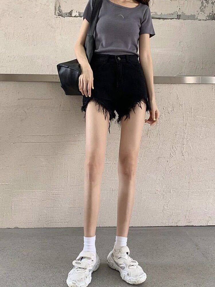 High Waist Denim Shorts Women Summer Pocket Tassel Hole Ripped Jeans Short Female Femme Short Pants