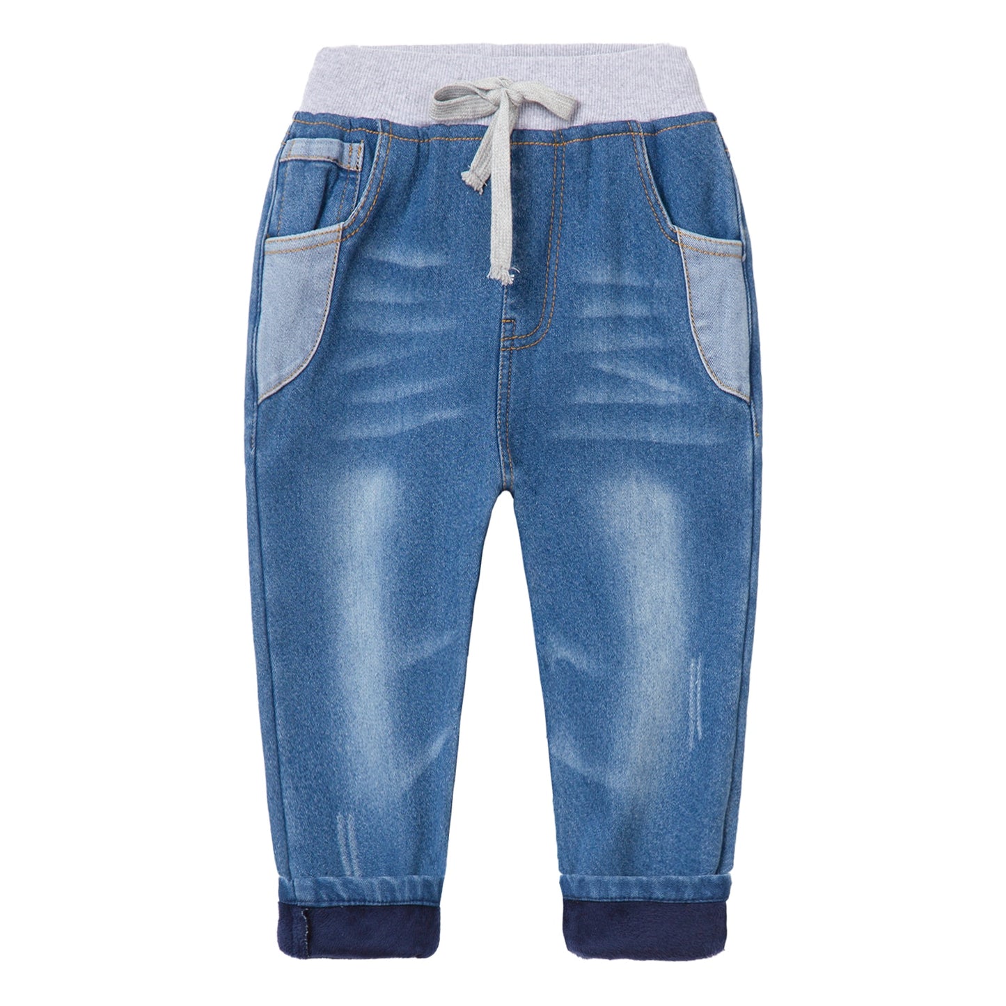 Mudkingdom Kids Jeans Drawstring Pants Autumn Winter Fleece Warm Denim Pants Casual Trousers for Boys Slim Fashion Clothing