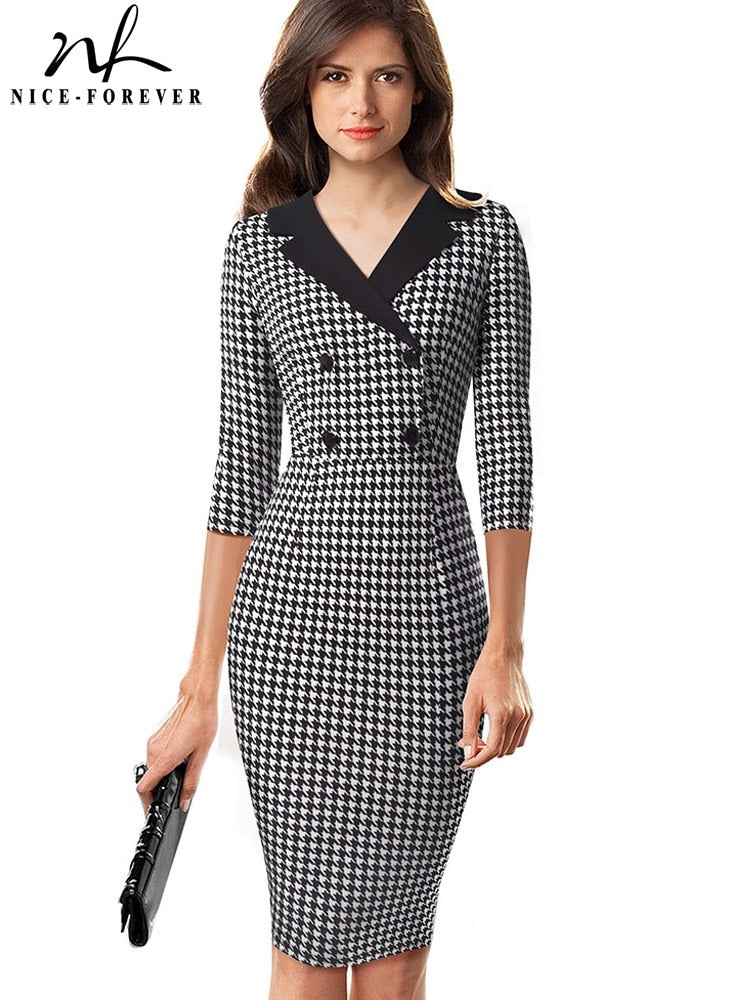 Nice-forever Vintage Houndstooth Patchwork Office Work vestidos with Button Business Party Women Bodycon Dress B570