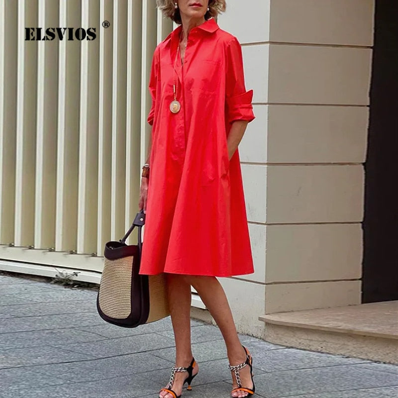 Sexy Autumn New Simple Shirt Dress Casual Solid Color Long Sleeves Fashion Turn-down Collar  Pocket  Dresses